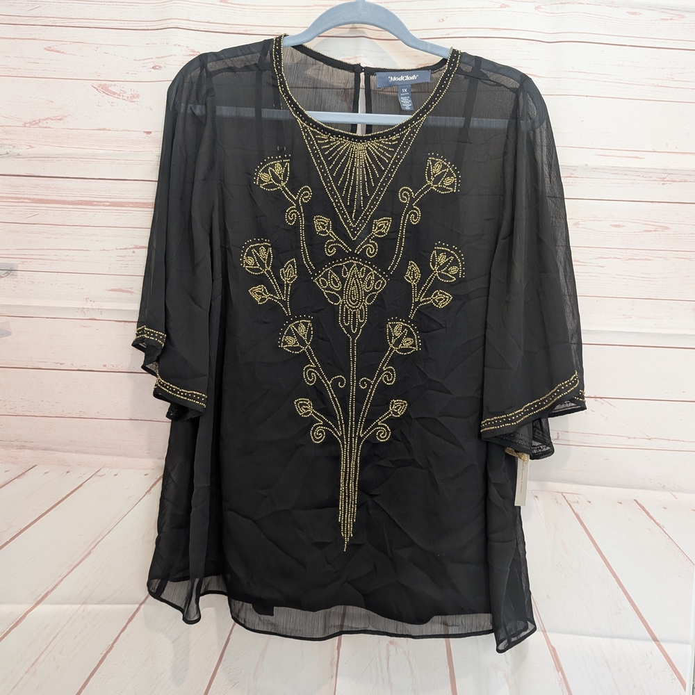 🎉 SALE 🎉NWT Modcloth Black Sheer Blouse with Gold Bead Embroidery - Picture 2 of 12